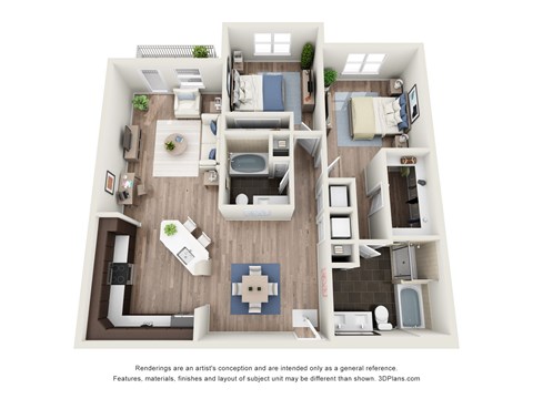 Floor plan for 2 beds, 2 baths, 1323 sqft